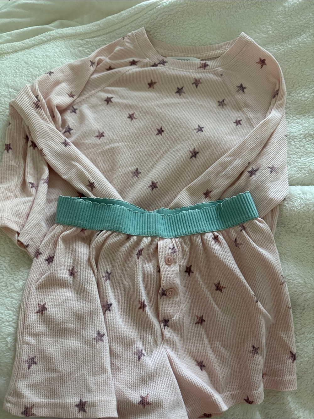 Pink Star Thermal Pajama Set with Teal Waistband